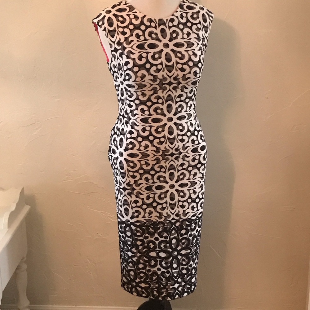 Vince Camuto Black and White Patterned Midi Dress